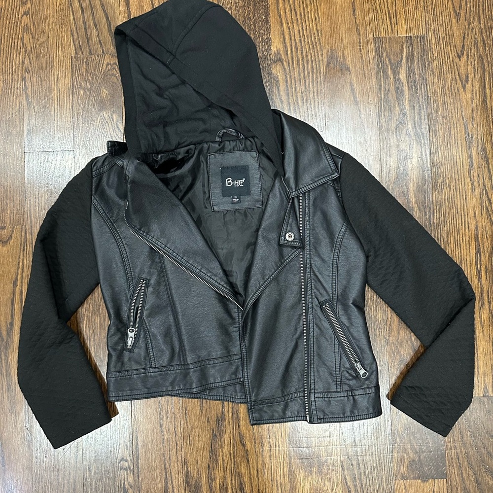 Kids Black Faux Leather Moto Jacket with Hood